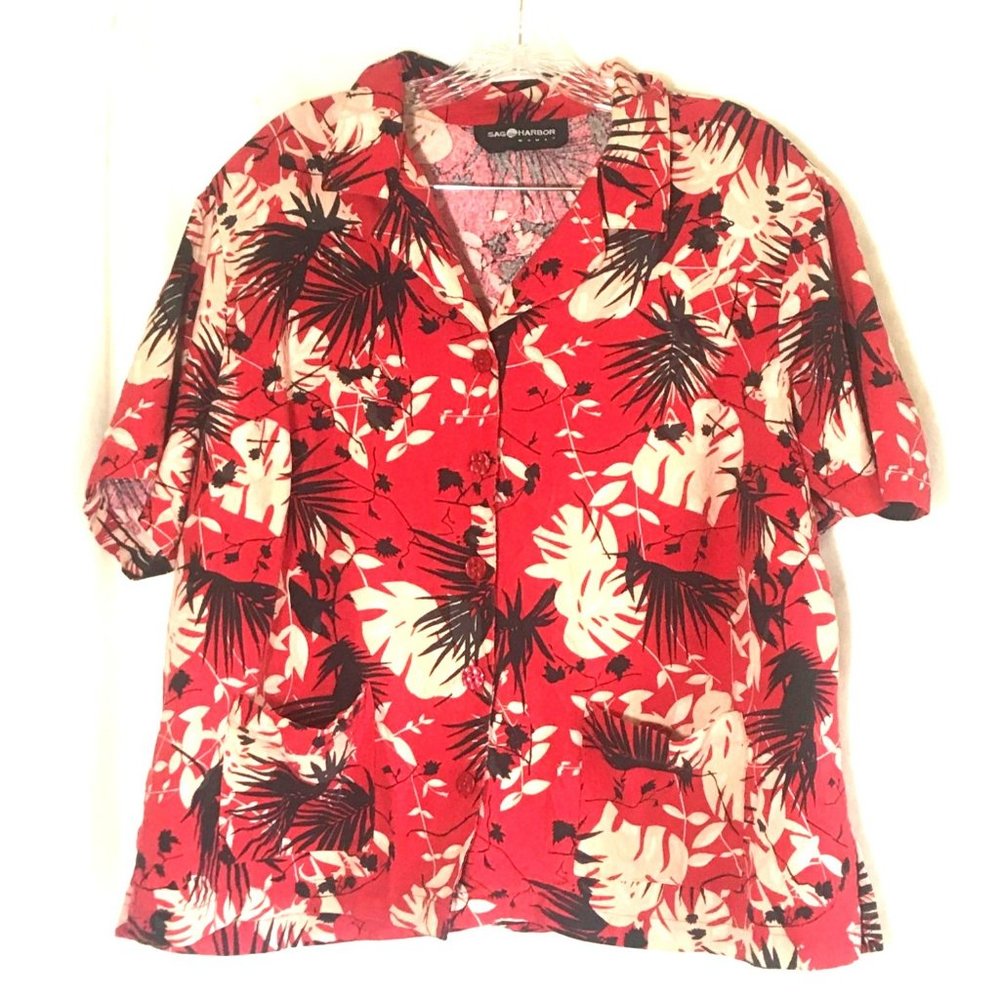 Vintage Sag Harbor Womens Linen Hawaiian Shirt Sz XL or 1X Red Moon Glow Buttons